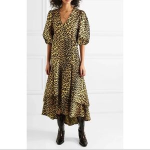 Ganni Leopard Cotton Poplin Wrap Dress